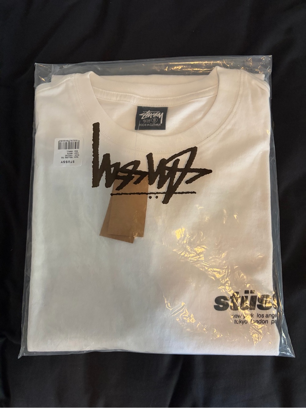 Stussy White T-Shirt with Black Script Logo